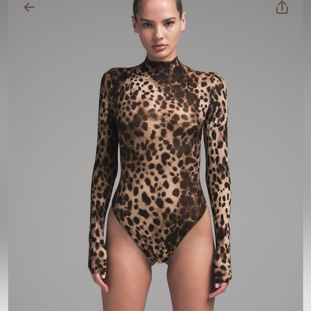 DOLCE & GABBANA X SKIMS MILKY SHEAR LEOPARD MOCK NECK BODYSUIT.